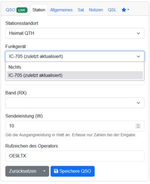 WaveLog Auswahl des Funkgeräts